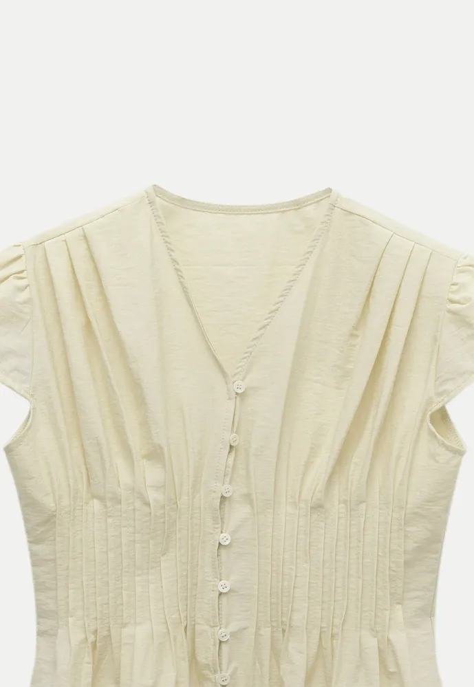 Women’s Pleated V-Neck Button Peplum Blouse