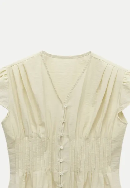 Women’s Pleated V-Neck Button Peplum Blouse