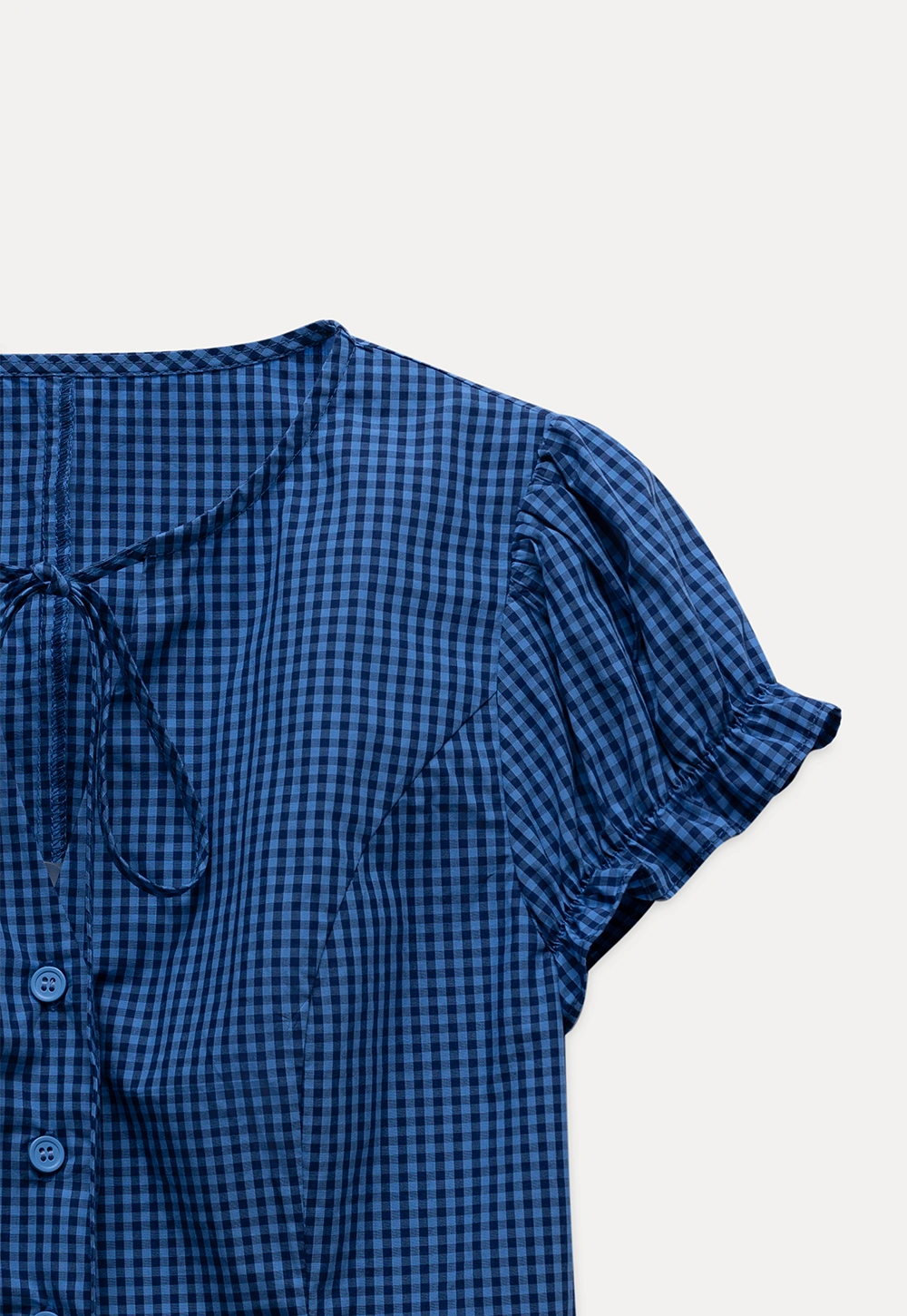 Gingham Puff Sleeve Blouse with Tie Neck