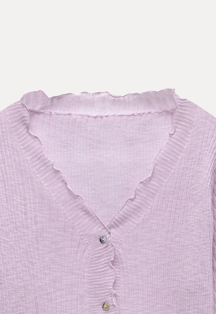 Women Ruffle Ribbed Knit Button Cardigan