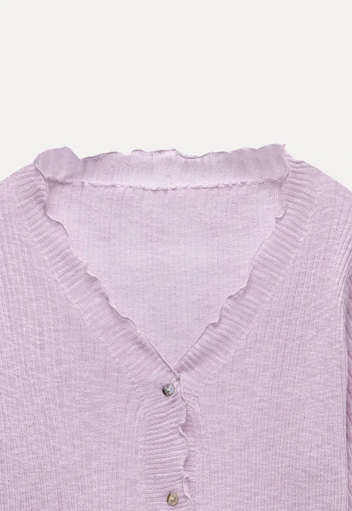 Women Ruffle Ribbed Knit Button Cardigan