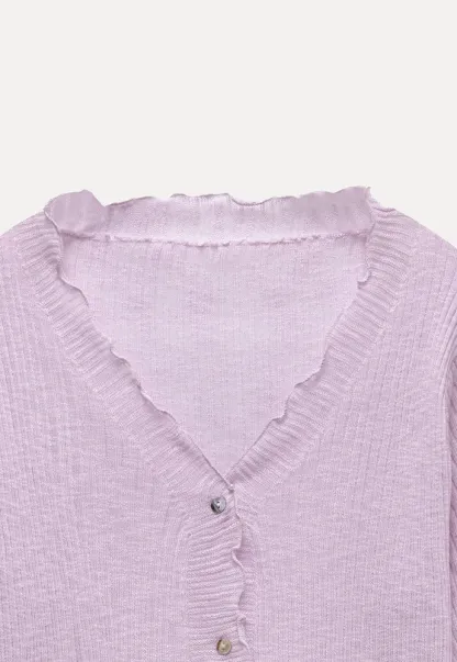 Women Ruffle Ribbed Knit Button Cardigan