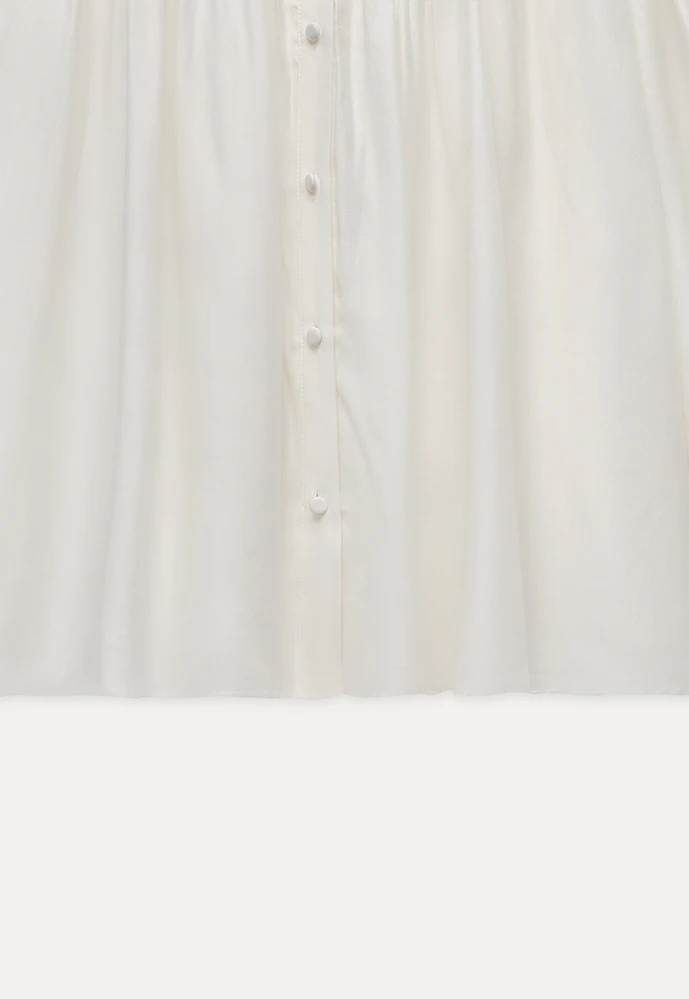 Women Lace Yoke Bishop Sleeve Button Down Blouse