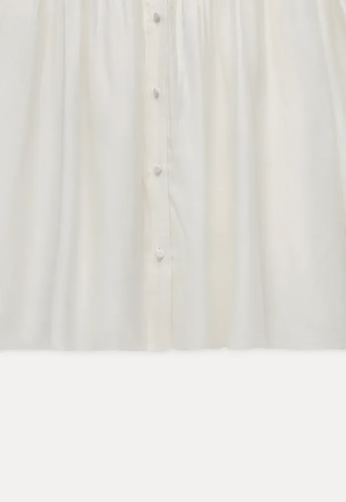 Women Lace Yoke Bishop Sleeve Button Down Blouse