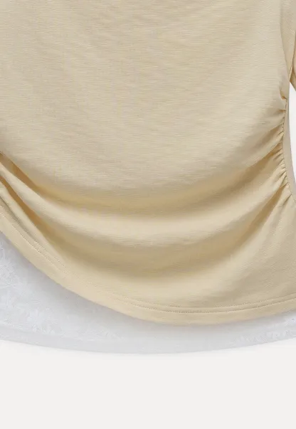 Women One Shoulder Tie Ruched Long Sleeve Off Shoulder Tee