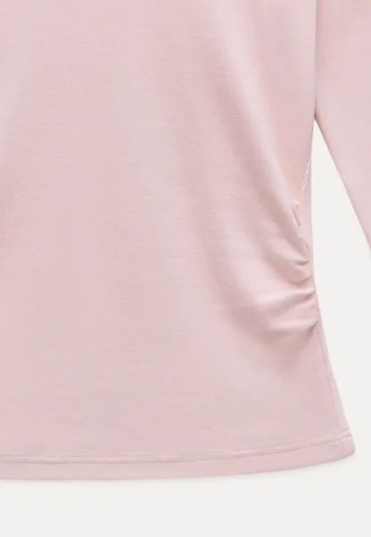 Women Long Sleeve Side Ruched Scoop Neck Crop Top