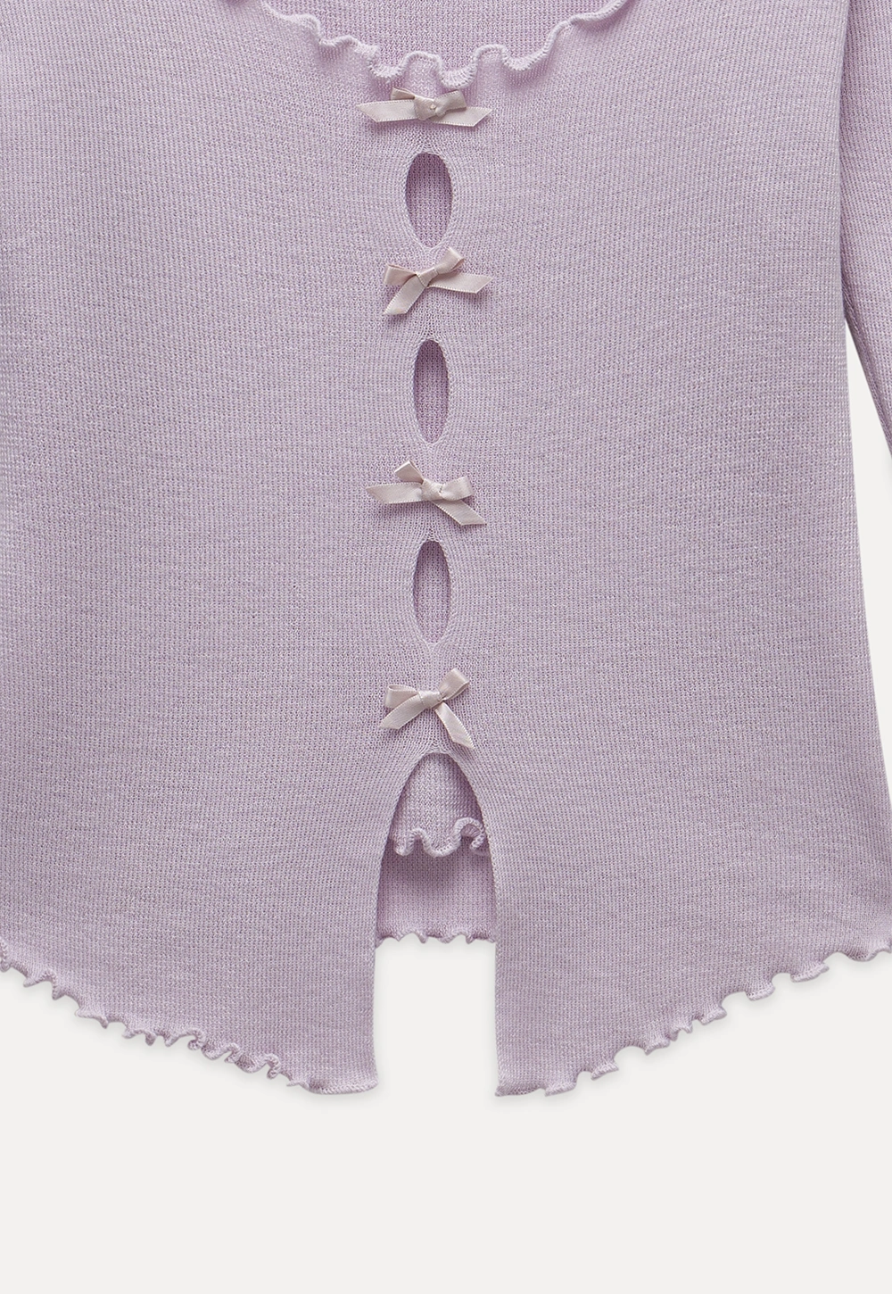 Women Long Sleeve Bow Front Split Hem Lettuce Trim Knit Top