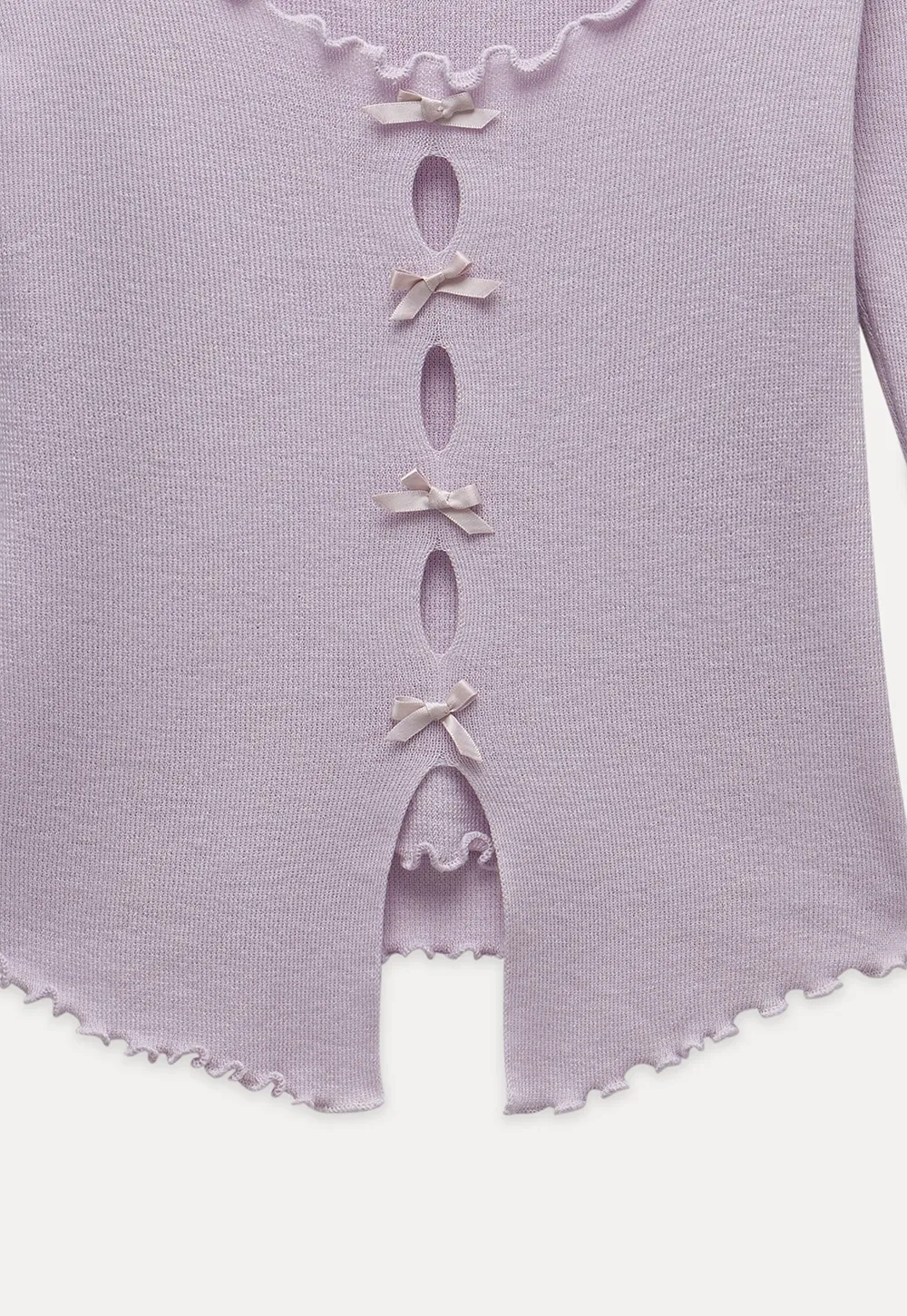 Women Long Sleeve Bow Front Split Hem Lettuce Trim Knit Top