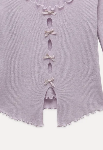 Women Long Sleeve Bow Front Split Hem Lettuce Trim Knit Top