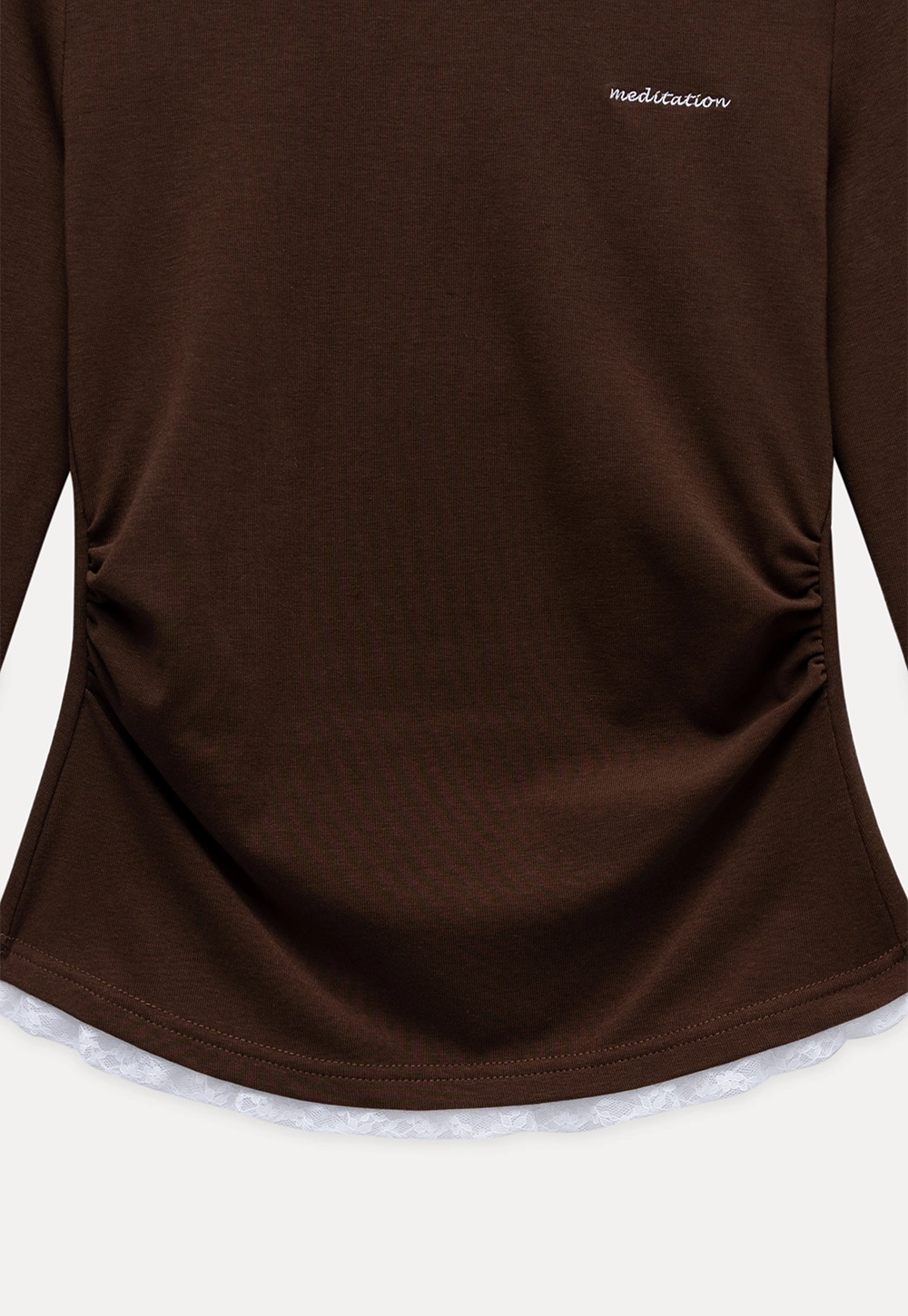 Women Crew Neck Ruched Side Lace Trim Long Sleeve Tee