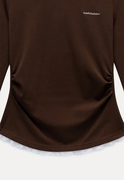 Women Crew Neck Ruched Side Lace Trim Long Sleeve Tee