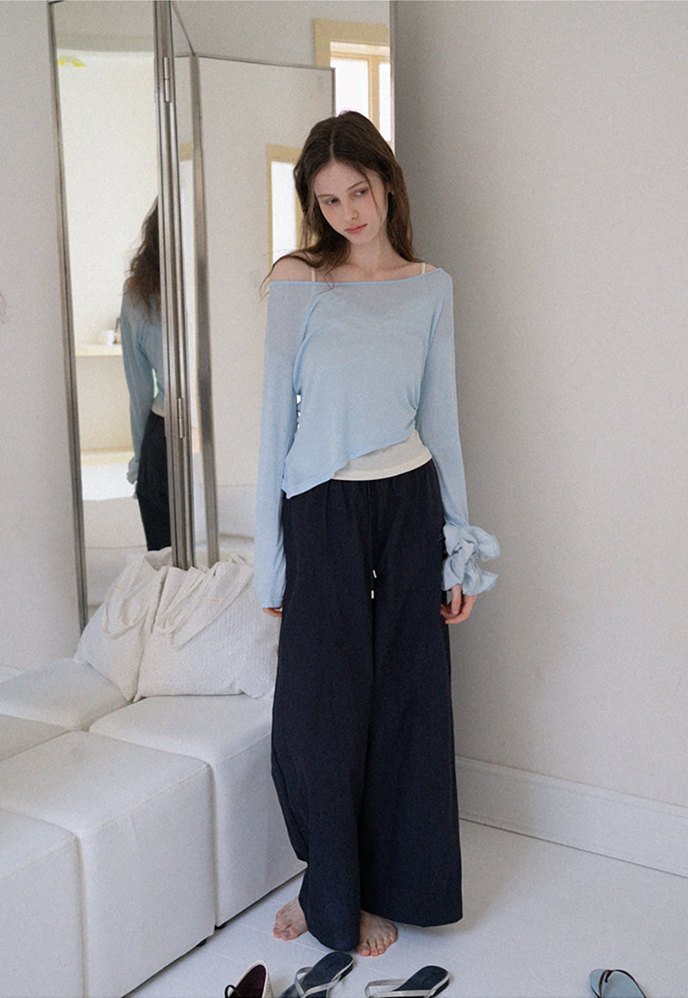 Asymmetrical Long Sleeve & Ruched Cami Set