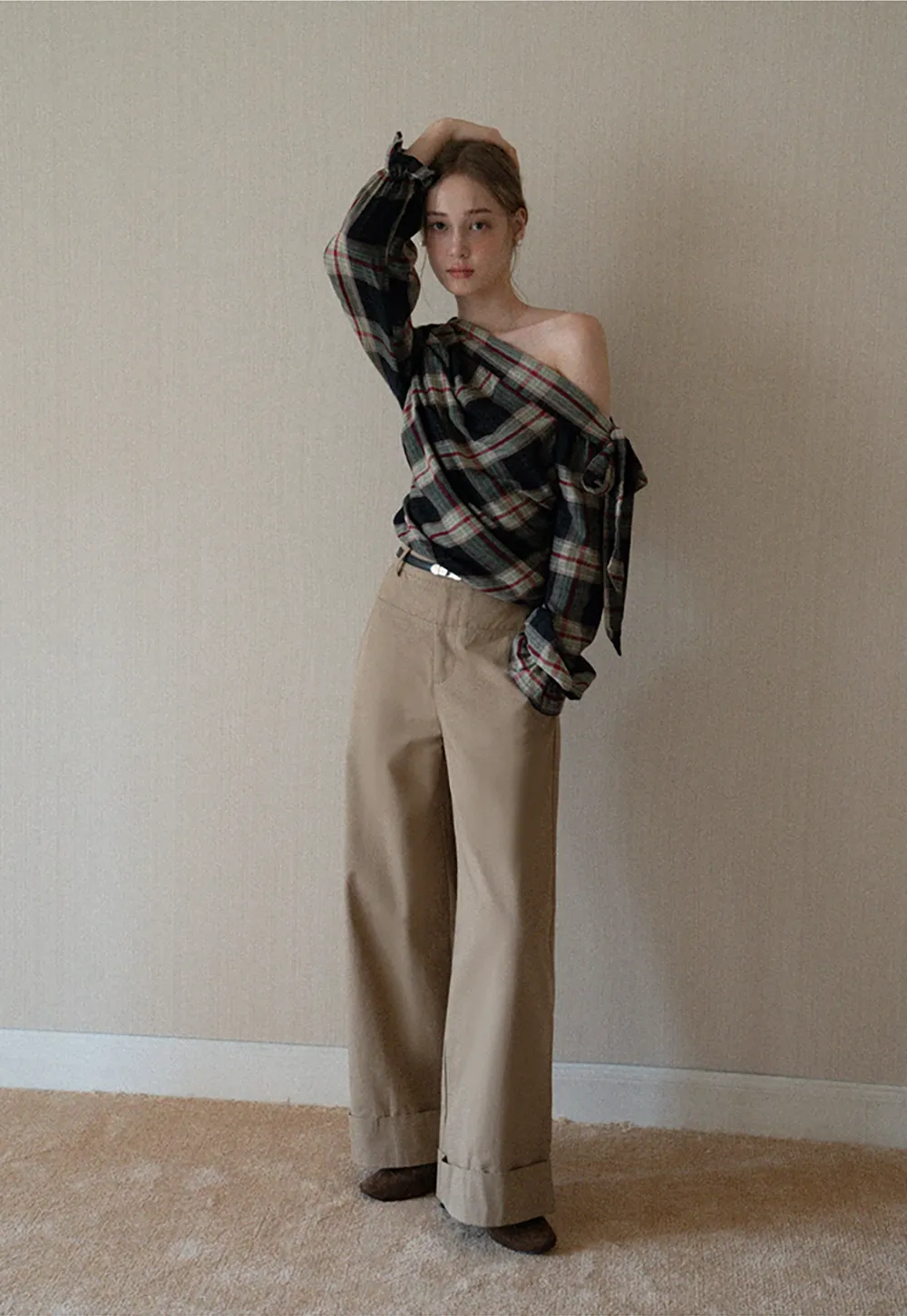 Womens Plaid Off Shoulder Tie Blouse