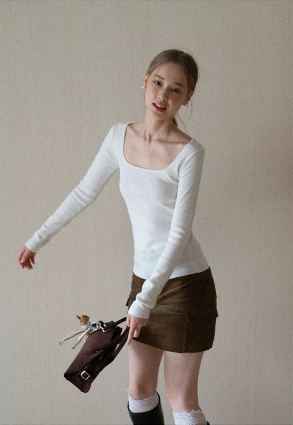 Womens Square Neck Long Sleeve Knit Top