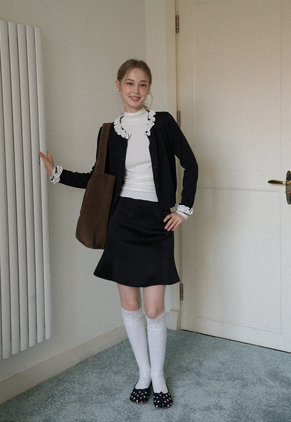 Ruffle Trim Button Down Knit Cardigan