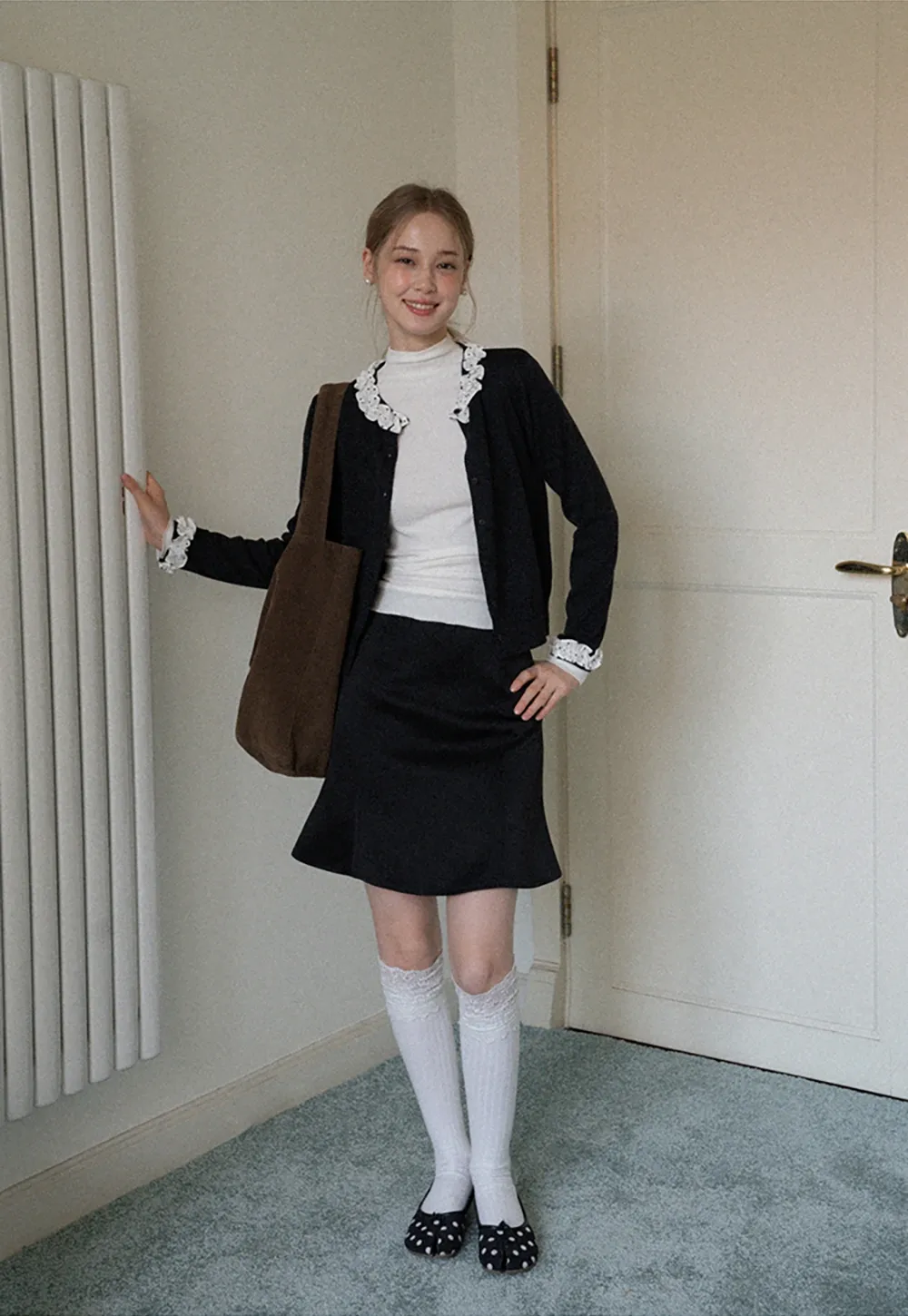 Ruffle Trim Button Down Knit Cardigan