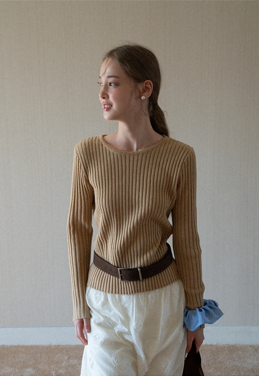 Womens Ribbed Crew Neck Long Sleeve Knit Top