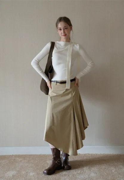 White Long Sleeve Knit Top With Tie