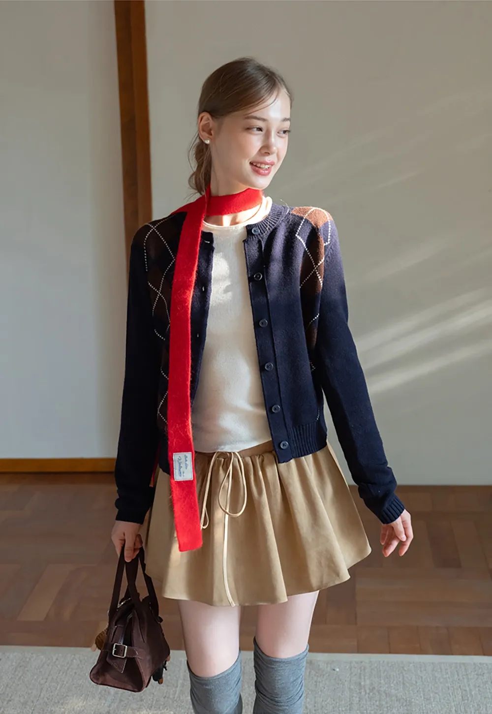 Womens Khaki Drawstring High Waist Pleated Mini Skirt