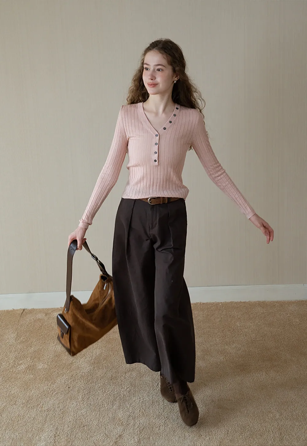 Ribbed Knit V-Neck Top with Slanted Button Detail