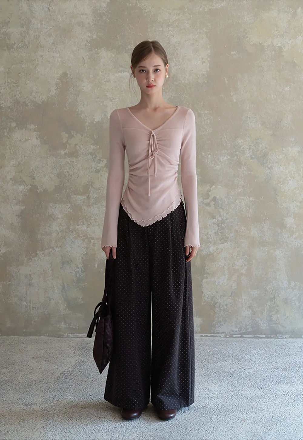 Ruched V Neck Long Sleeve Top