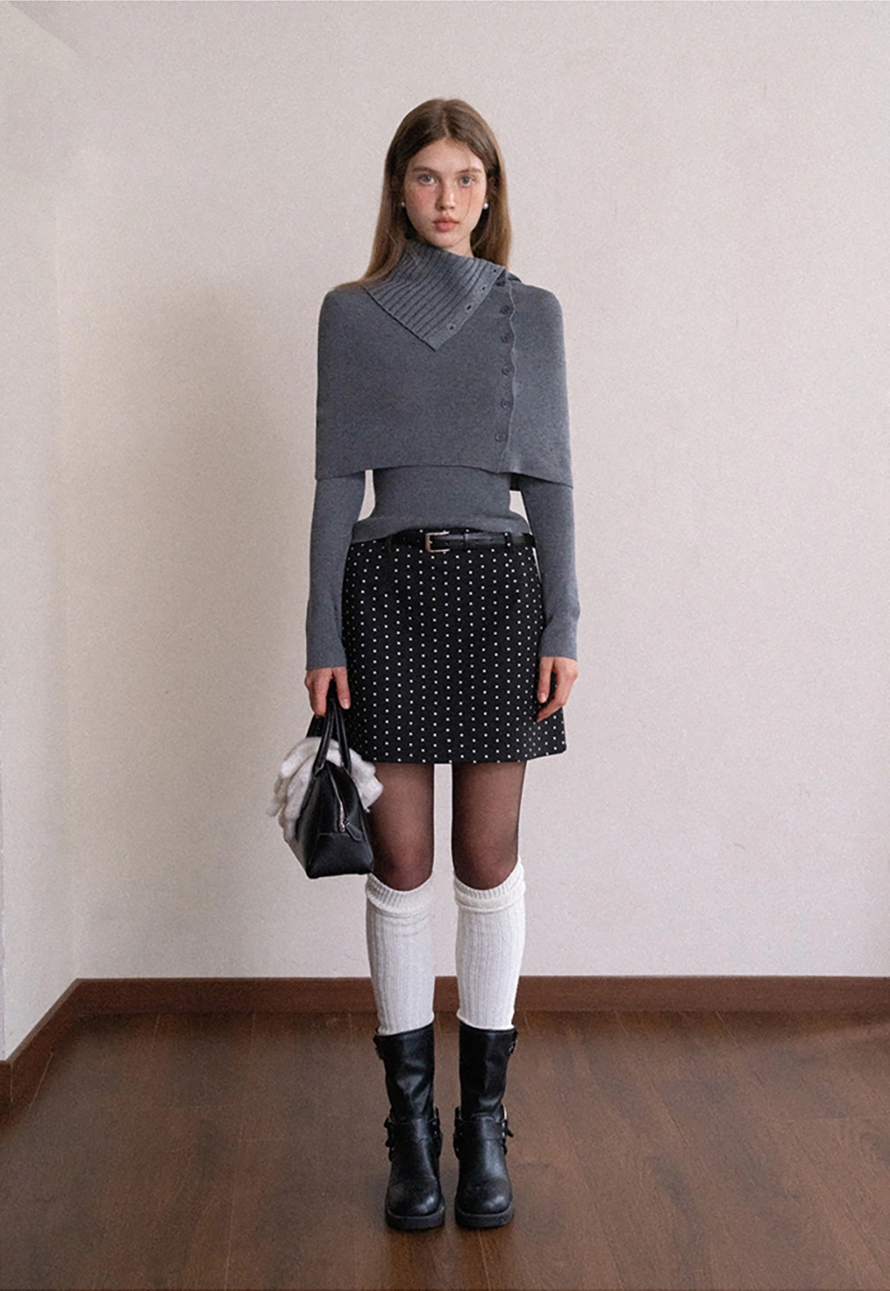 Long Sleeve Knit Top with Button Collar