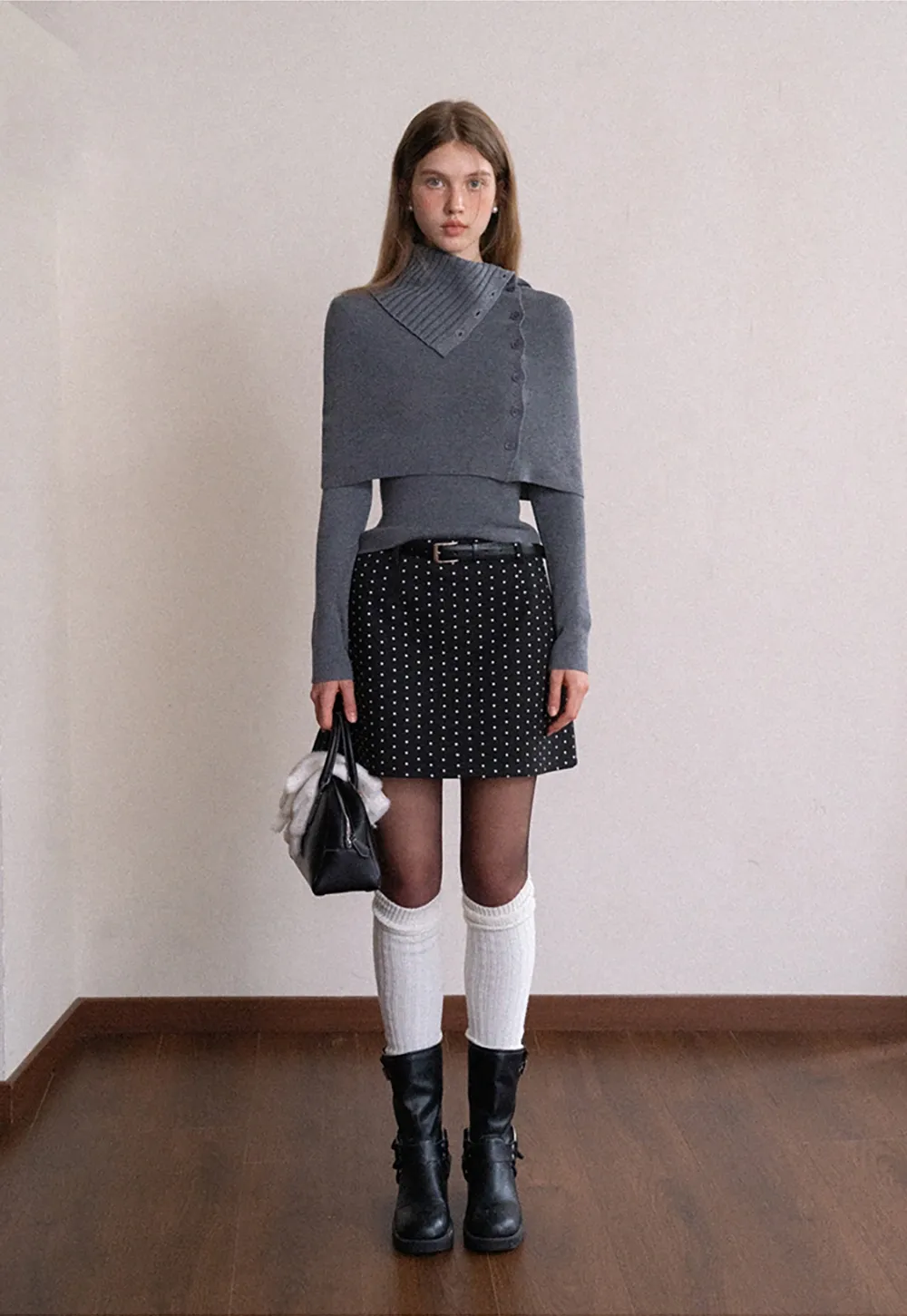 Long Sleeve Knit Top with Button Collar