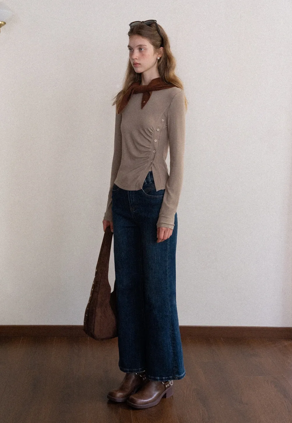 Crew Neck Long Sleeve Button Accent Top