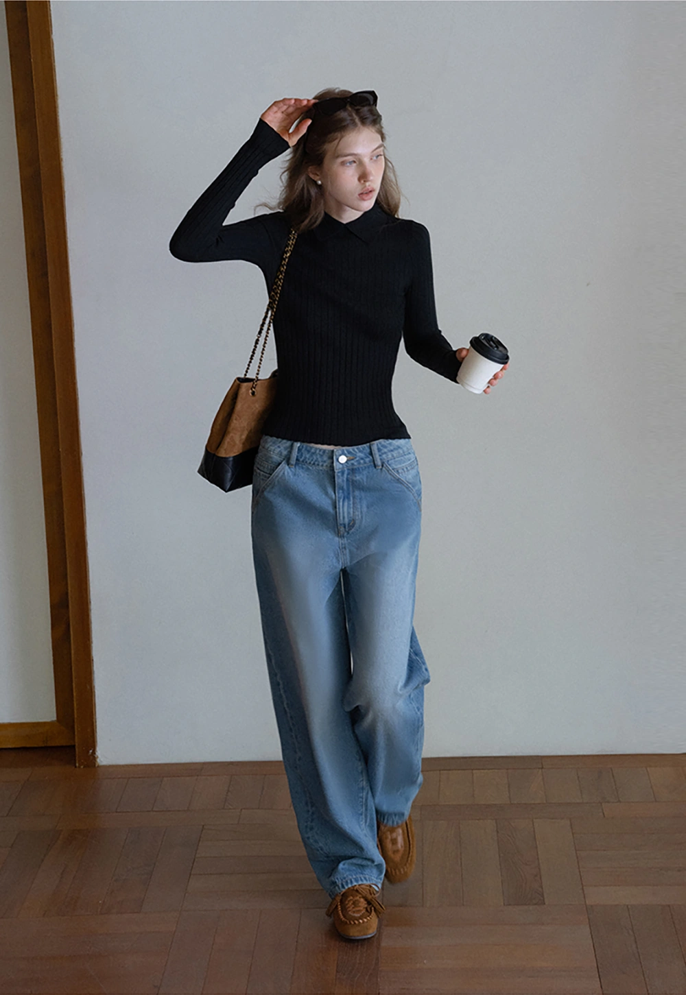 Women Classic Ribbed Knit Polo Long Sleeve