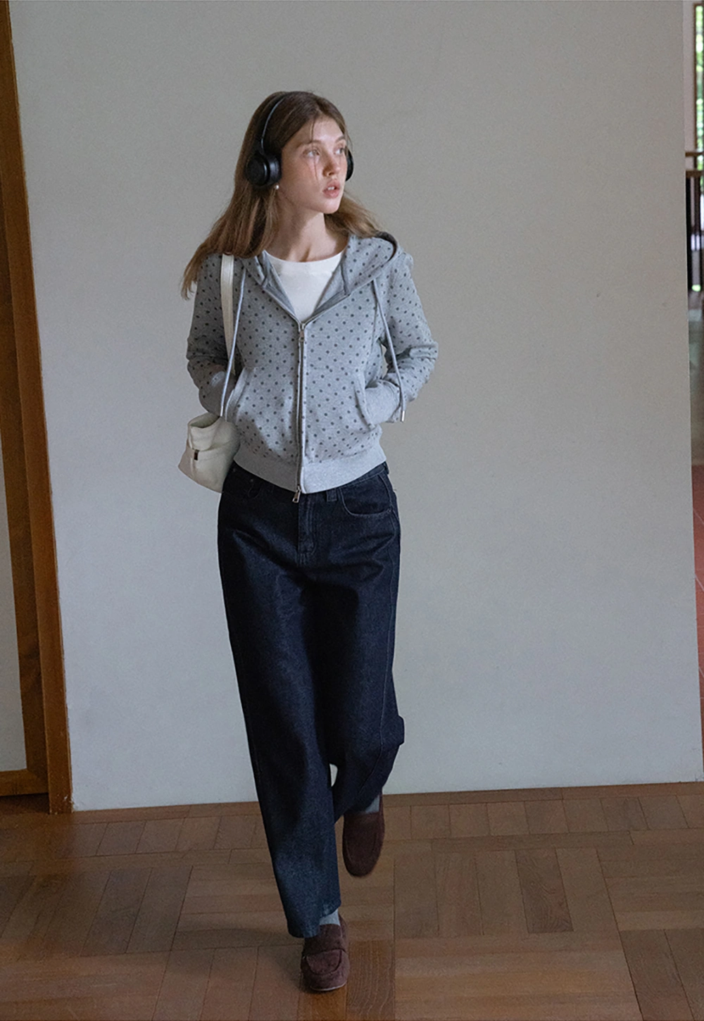 Womens Casual Polka Dot Zip-Up Hoodie