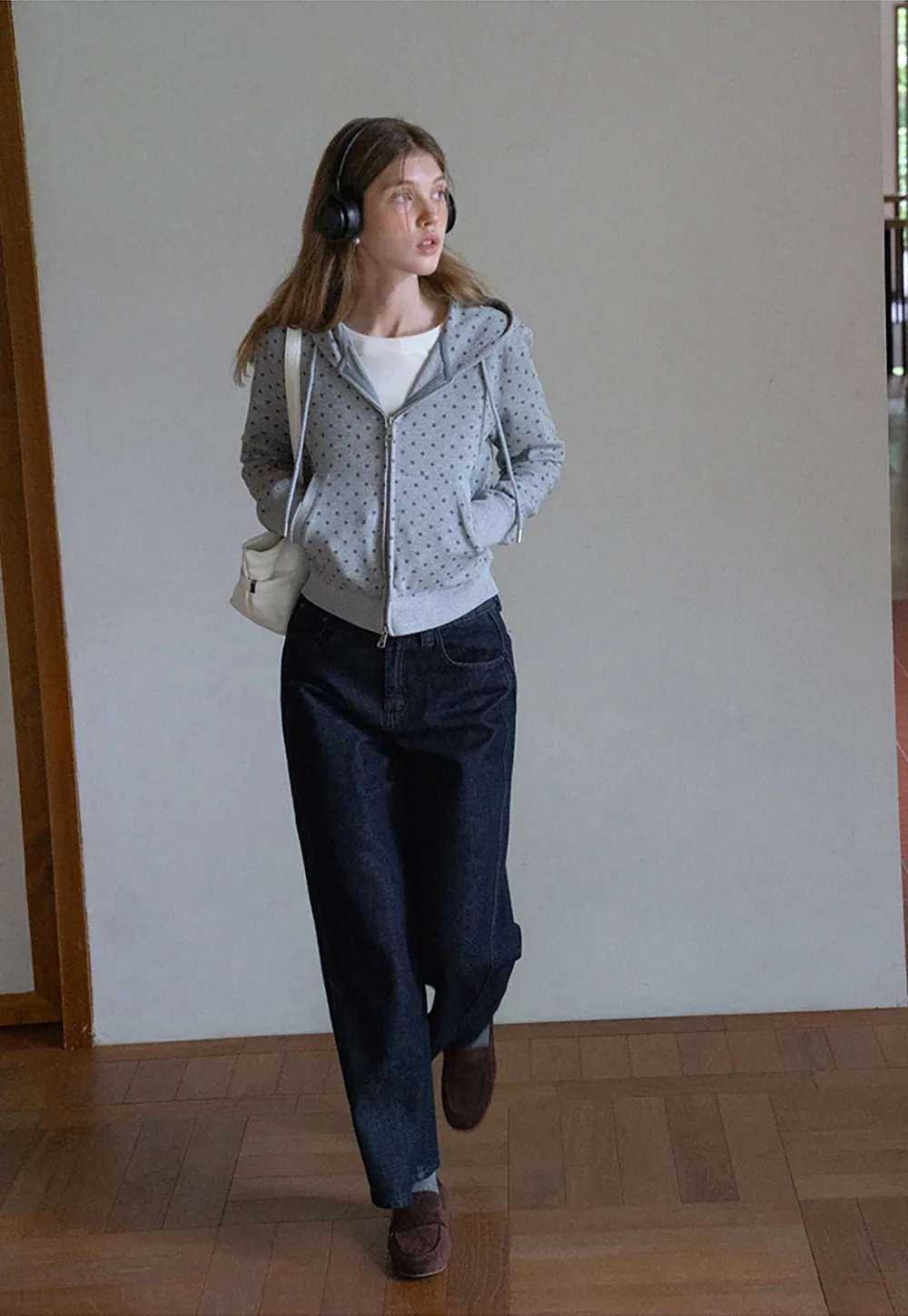 Womens Casual Polka Dot Zip-Up Hoodie