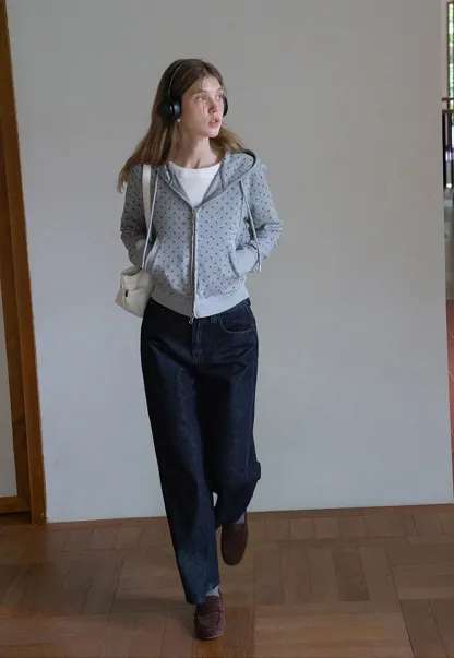 Womens Casual Polka Dot Zip-Up Hoodie