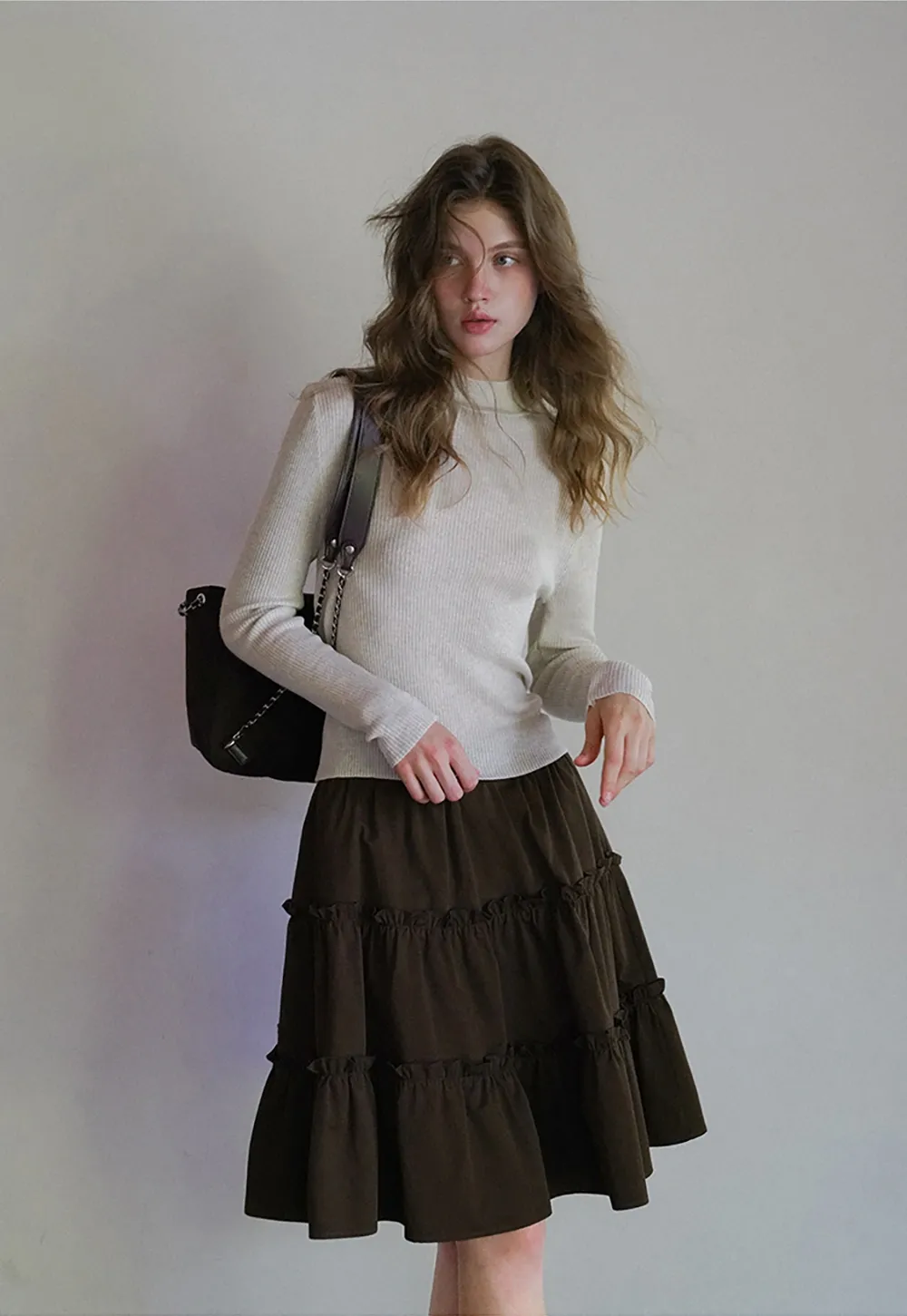 Casual Flared Midi Skirt with Layered Ruffle Detail