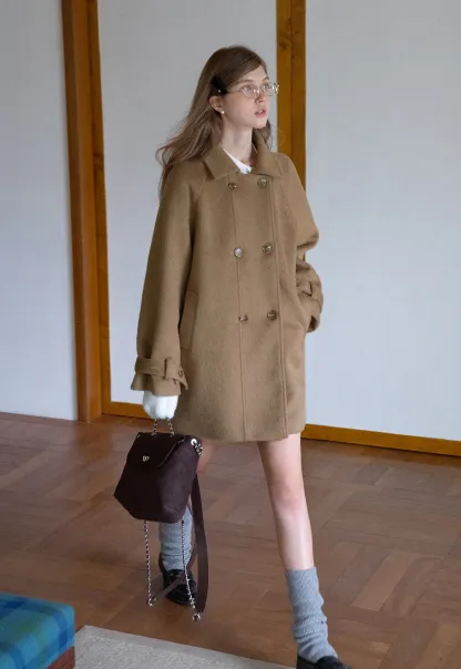 Elegant Double-Breasted Trench Style Wool Coat