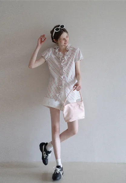 Women’s Ruffle Trim Striped Short Sleeve Blouse