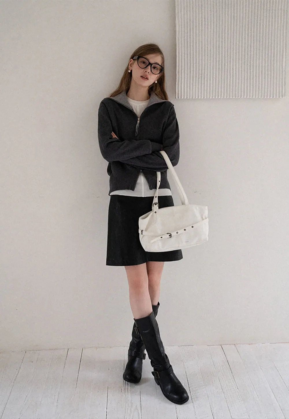 Women’s Zip-Up Knit Cardigan with High Collar