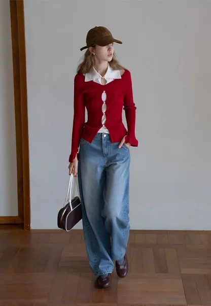 Womens Contrast Collar Cutout Knit Cardigan