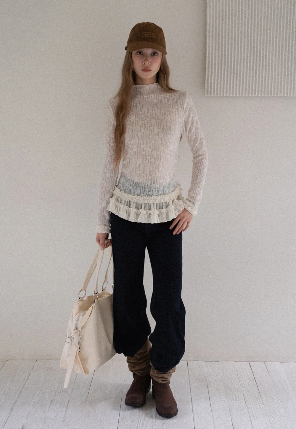 Women High Neck Long Sleeve Lace Top with Layered Ruffle Hem