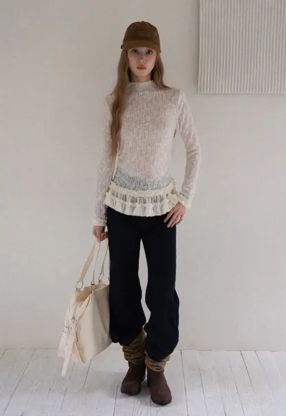 Women High Neck Long Sleeve Lace Top with Layered Ruffle Hem