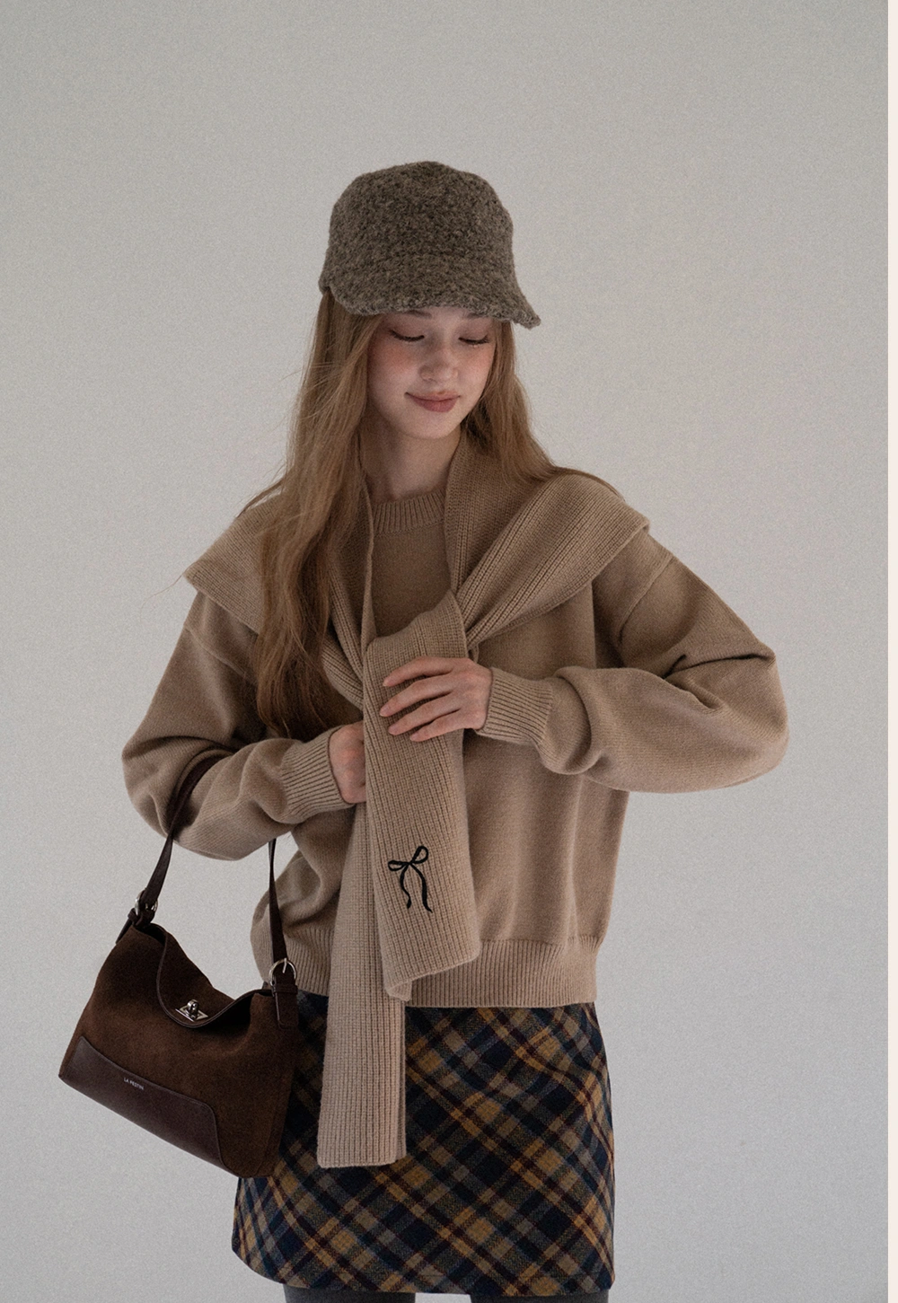 Women Faux Layered Sweater with Scarf Collar