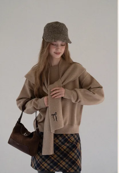 Women Faux Layered Sweater with Scarf Collar