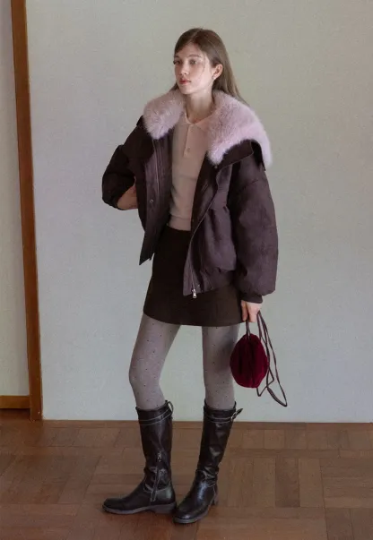 Women Fuzzy Collar Suede Jacket Warm Outerwear