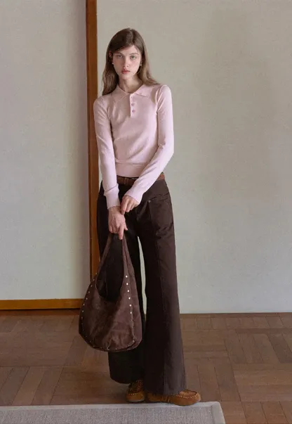 Women Soft Knit Polo Sweater Long Sleeve Pullover