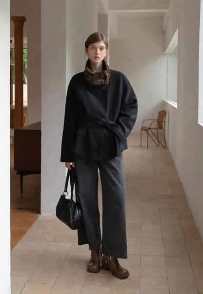 Faux Fur Trim Belted Wool Coat