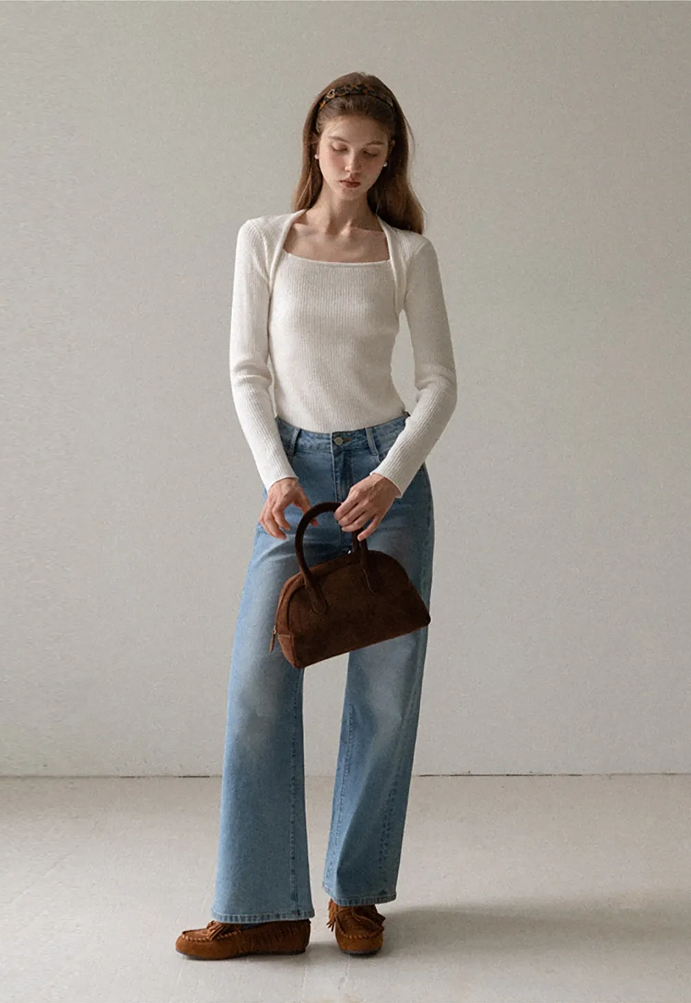 Women Square Neck Ribbed Knit Shrug Top