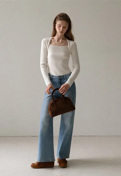 Women Square Neck Ribbed Knit Shrug Top