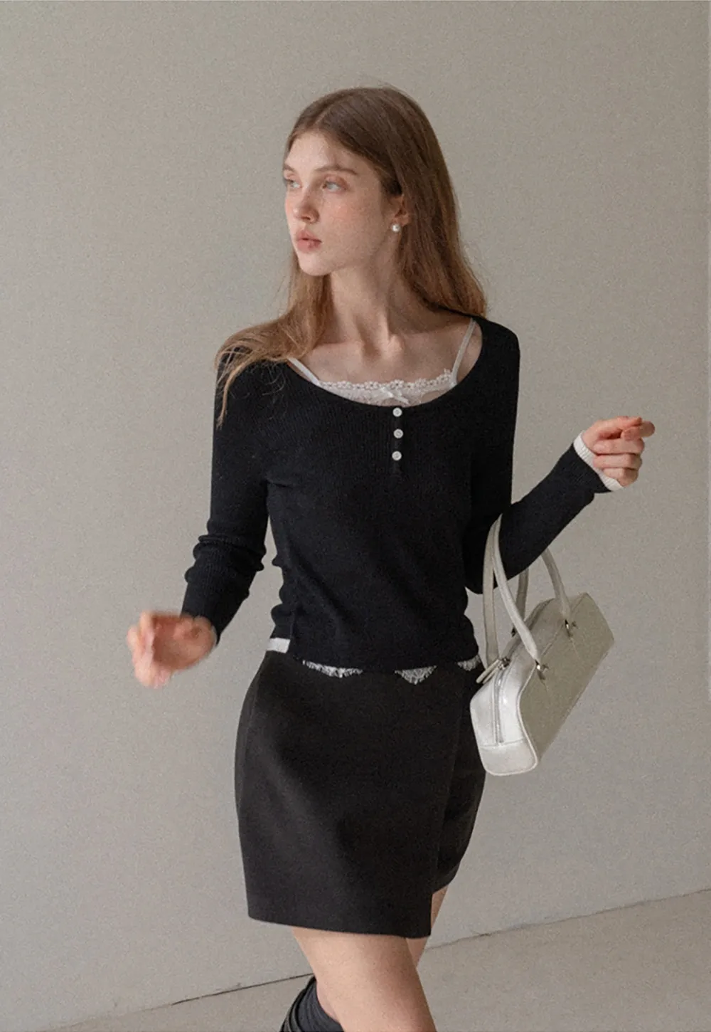 Faux Two Piece Wool Blend Mini Skirt