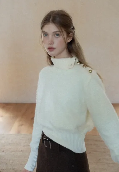 Button Shoulder Turtleneck Sweater