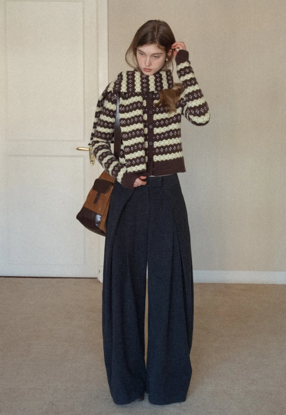 Women Warm Knit Cardigan Set Vintage Striped Style