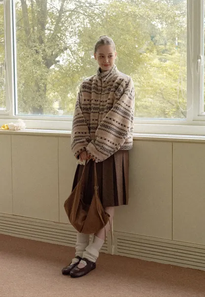 Women Vintage Fleece Jacket Striped Warm Outerwear